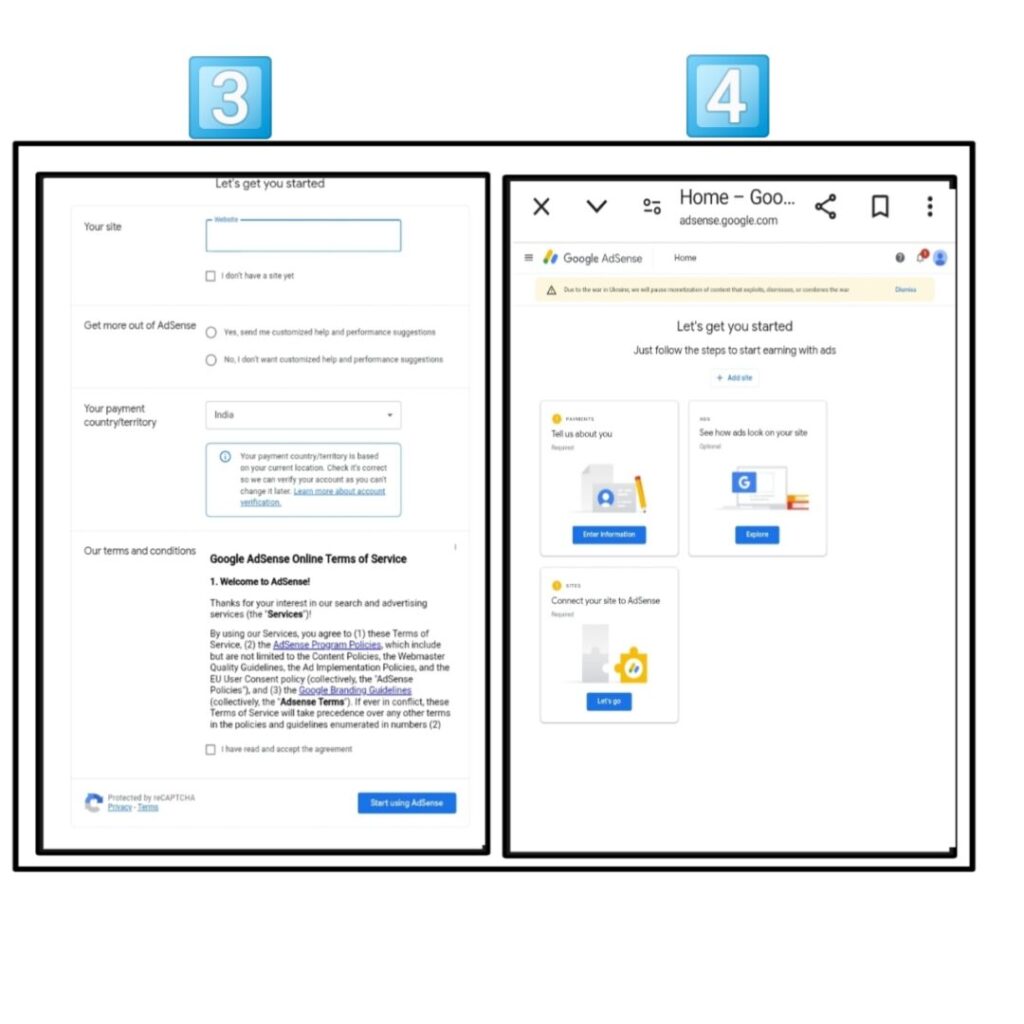 Google adsense में अकाउंट बनाते हुए इमेज 