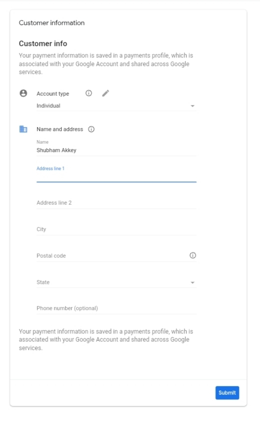Account information डिटेल भरते हुए ।