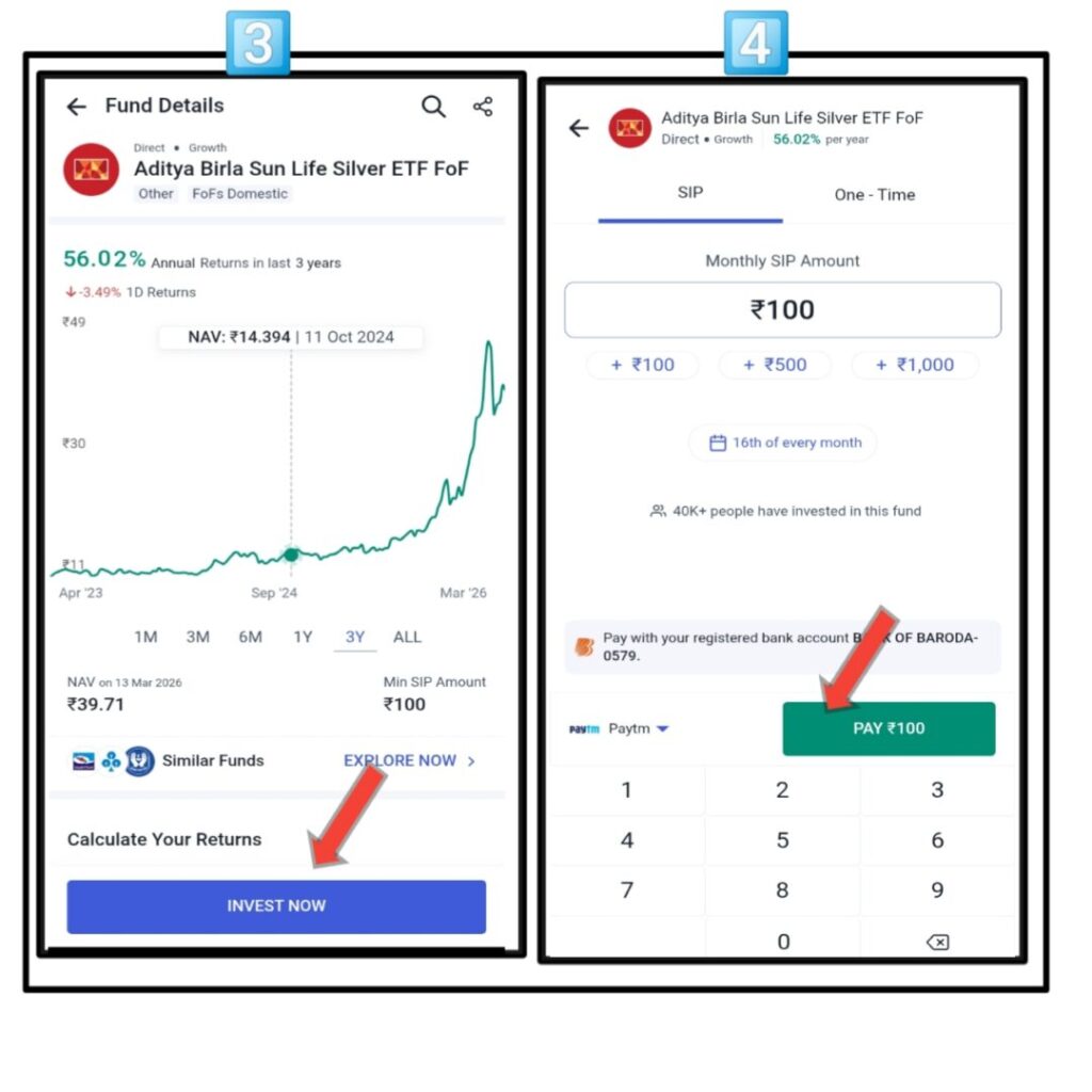 म्युचुअल फंड में इन्वेस्ट करते हुए मोबाइल स्क्रीनशॉट