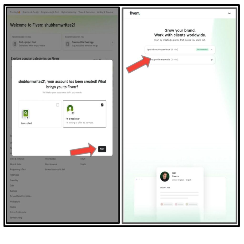 FIVERR PAR ACCOUNT KE LIYE OPTION SELECT KARTE HUE SCREENSHOT IMAGE -